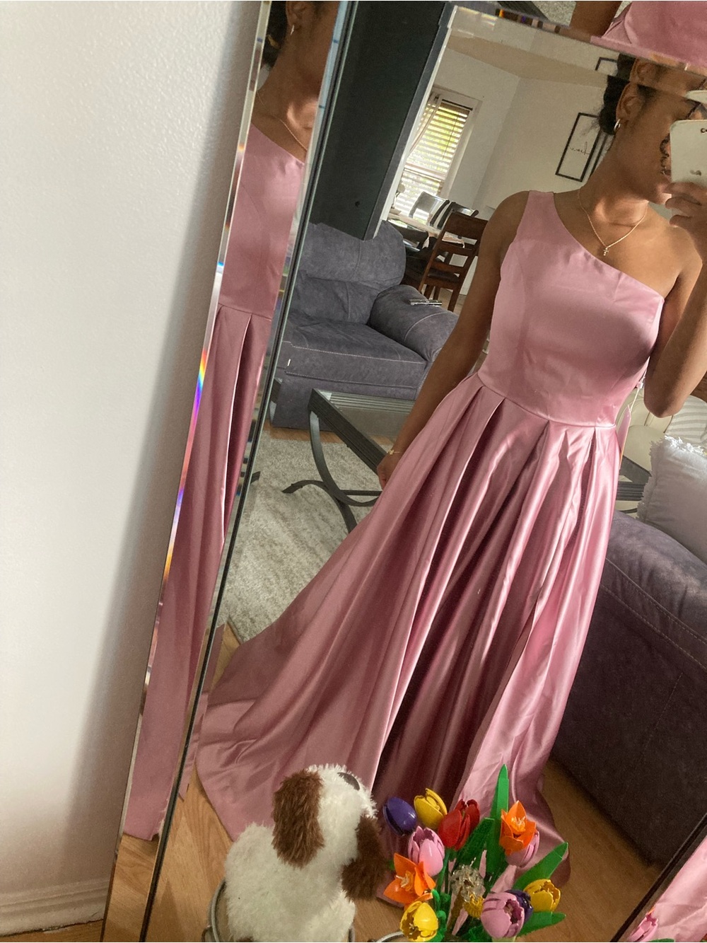 One-Shoulder Pink Satin A-Line Evening Dress